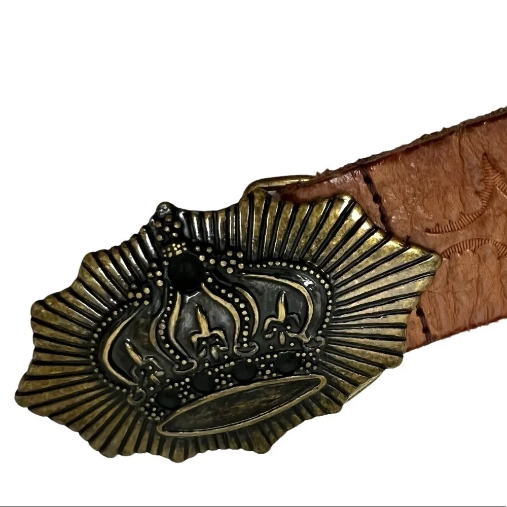 OLGA SANTINI Belt Vintage Tooled Leather Metal Crown Buckle Y2K 90s Style Medium